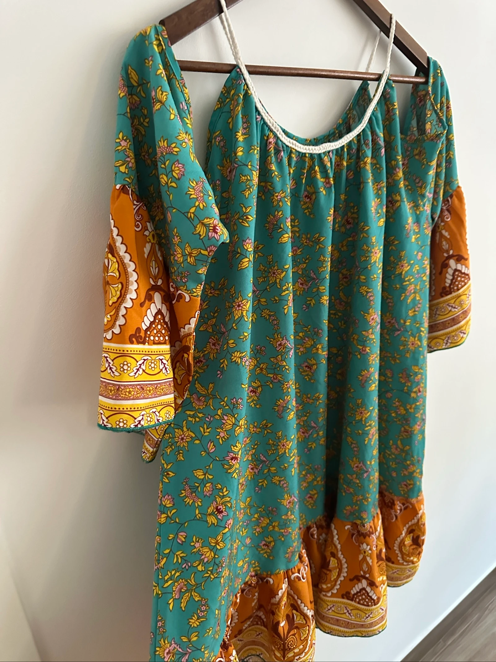 Korte Boho Chic jurk turkoois en mosterd / Ibiza tuniek maat L – photo 4